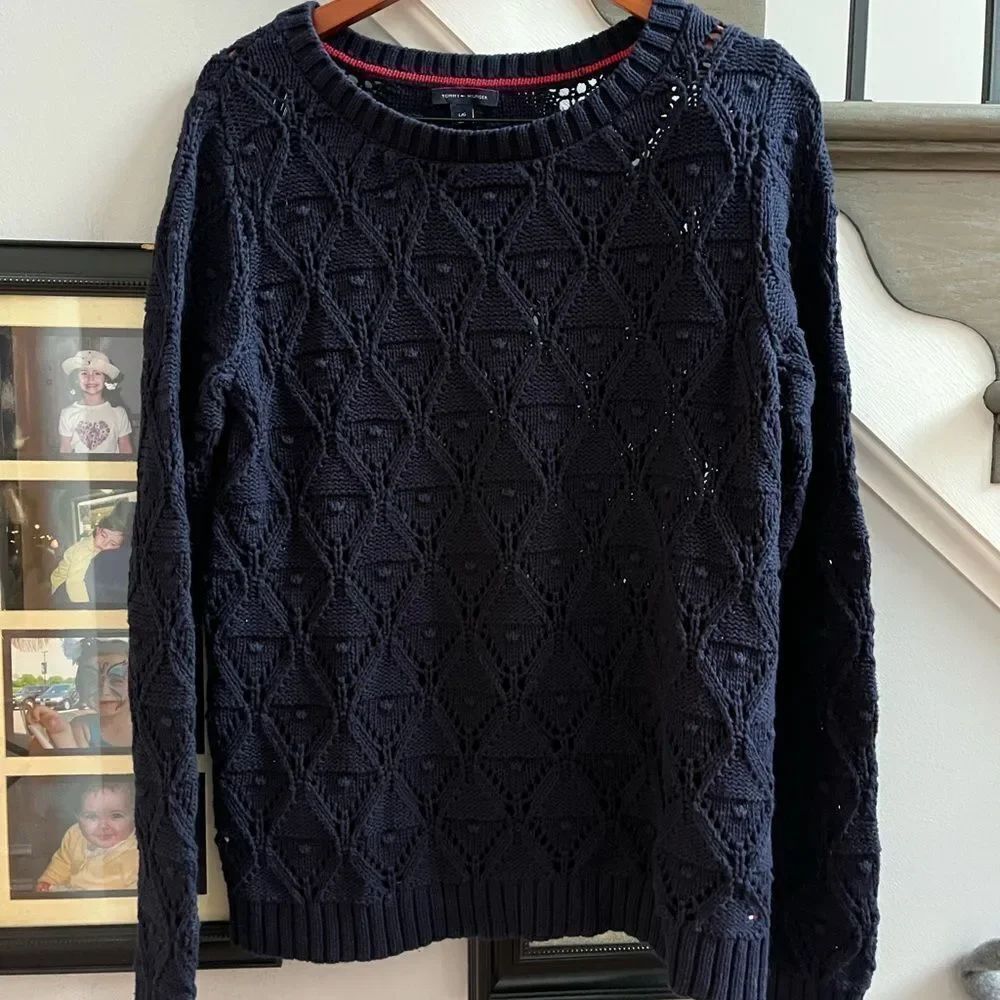 Tommy Hilfiger Navy Open Knit Crew Neck Sweater sz L EUC